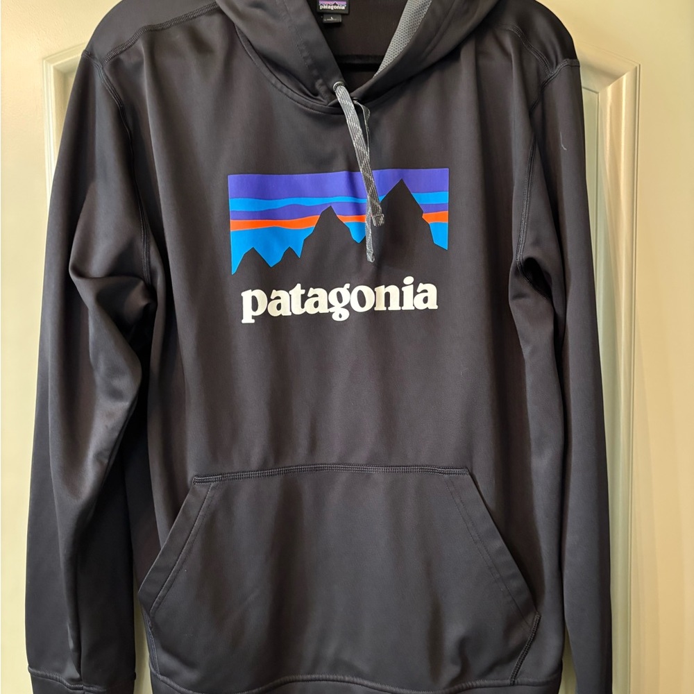 Patagonia Mountain Logo Graphic Pullover in Black with Blue Accent